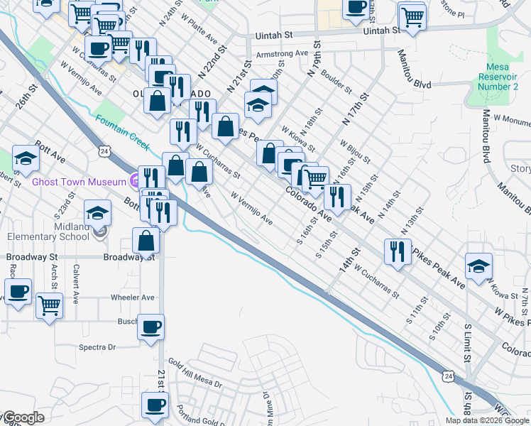 map of restaurants, bars, coffee shops, grocery stores, and more near 1708 West Vermijo Avenue in Colorado Springs
