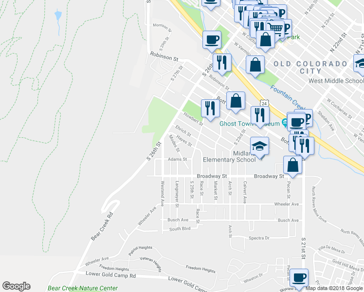 map of restaurants, bars, coffee shops, grocery stores, and more near 2505 Hayes Street in Colorado Springs