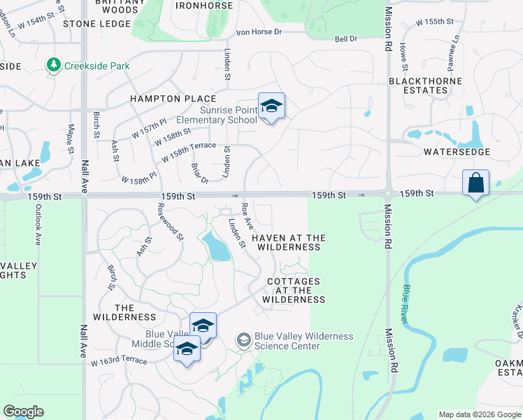 map of restaurants, bars, coffee shops, grocery stores, and more near 4502 West 159th Terrace in Overland Park