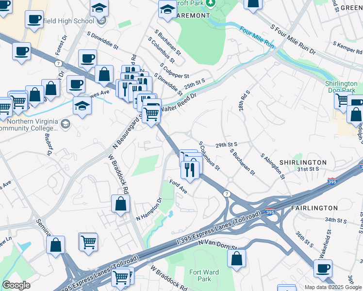 map of restaurants, bars, coffee shops, grocery stores, and more near 2830 South Columbus Street in Arlington