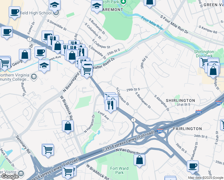map of restaurants, bars, coffee shops, grocery stores, and more near 2931 South Dinwiddie Street in Arlington