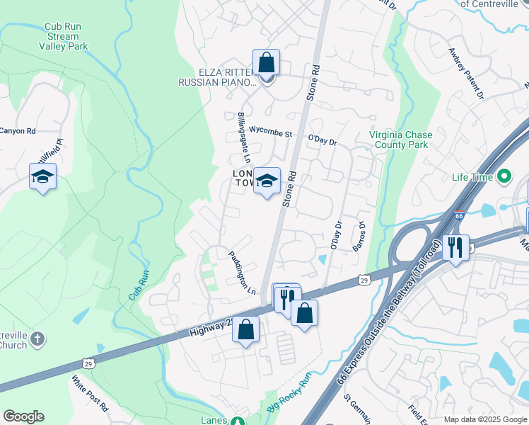 map of restaurants, bars, coffee shops, grocery stores, and more near 6100 Stone Road in Centreville