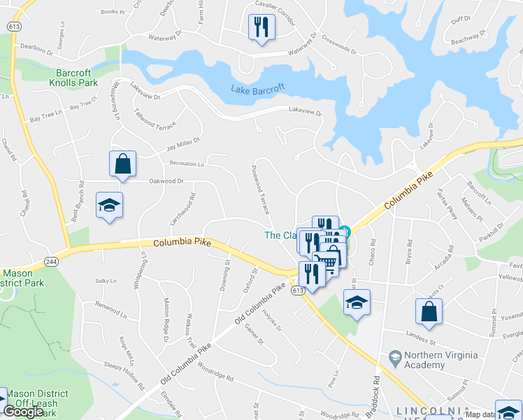 map of restaurants, bars, coffee shops, grocery stores, and more near 3862 Pinewood Terrace in Falls Church