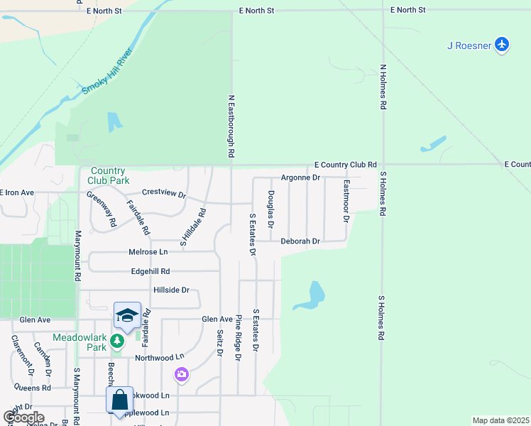 map of restaurants, bars, coffee shops, grocery stores, and more near 110 S Douglas Dr in Salina