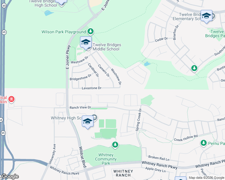 map of restaurants, bars, coffee shops, grocery stores, and more near 1045 Lavastone Drive in Rocklin