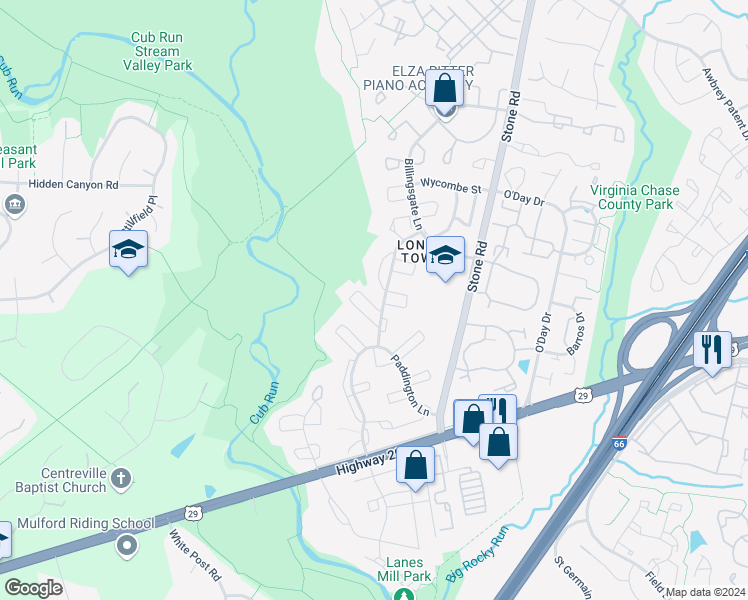 map of restaurants, bars, coffee shops, grocery stores, and more near 14822 Maidstone Court in Centreville