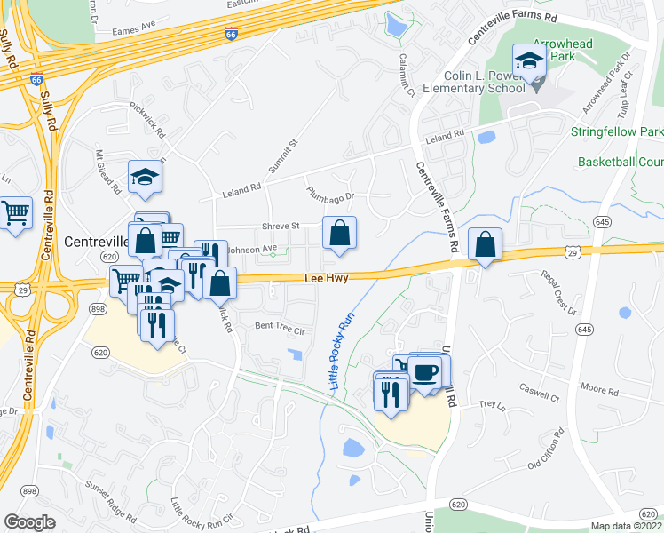 map of restaurants, bars, coffee shops, grocery stores, and more near 5681 Faircloth Court in Centreville