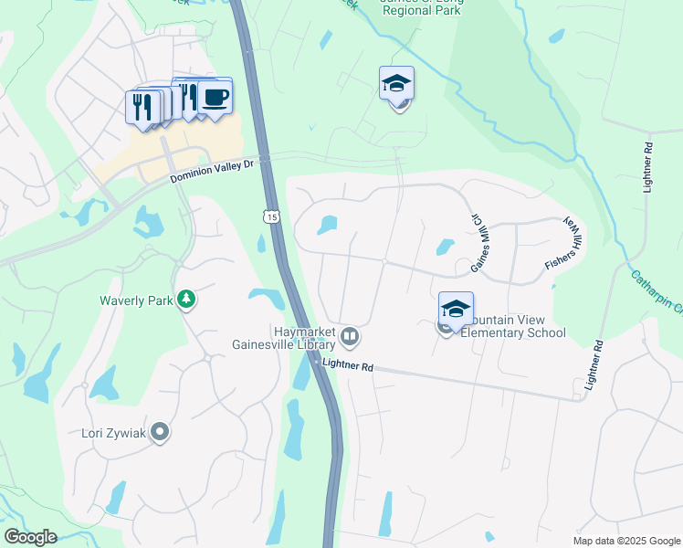 map of restaurants, bars, coffee shops, grocery stores, and more near 5510 Hillsman Farm Lane in Haymarket