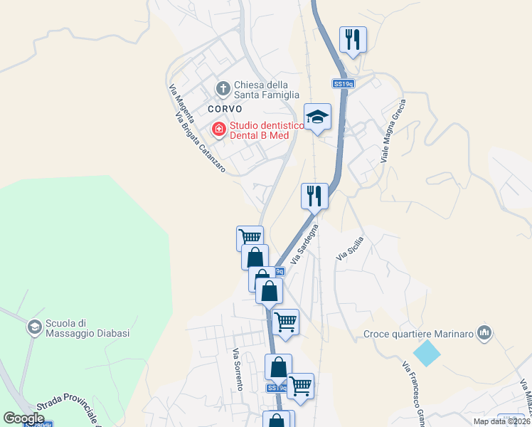 map of restaurants, bars, coffee shops, grocery stores, and more near 43 Viale Isonzo in Catanzaro