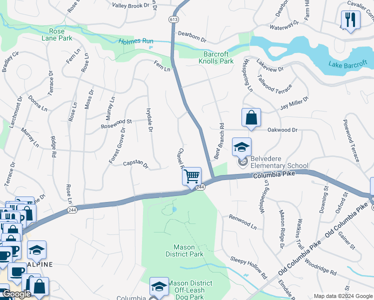 map of restaurants, bars, coffee shops, grocery stores, and more near 3817 Chanel Road in Annandale