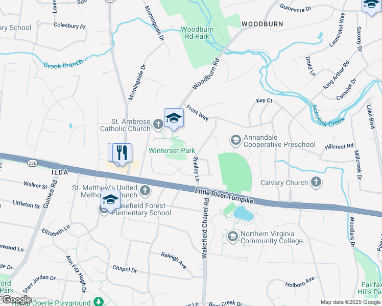 map of restaurants, bars, coffee shops, grocery stores, and more near 3822 Shelley Lane in Annandale