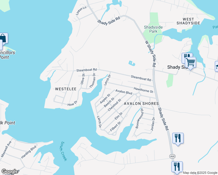 map of restaurants, bars, coffee shops, grocery stores, and more near 1200 Avalon Boulevard in Shady Side