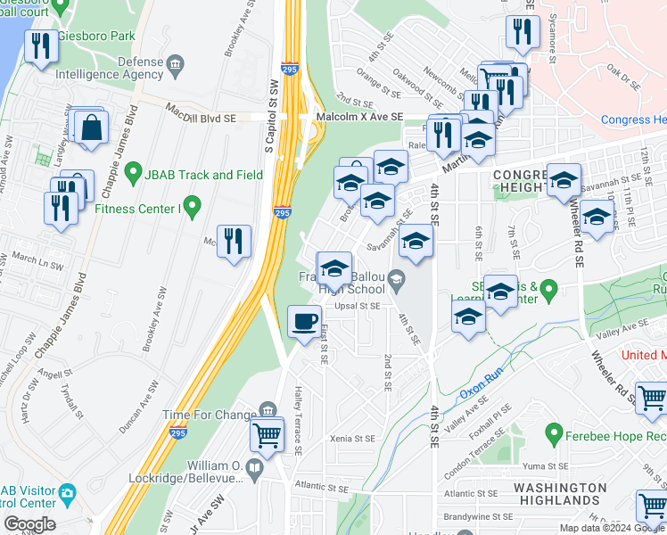 map of restaurants, bars, coffee shops, grocery stores, and more near 3601 Martin Luther King Junior Avenue Southeast in Washington