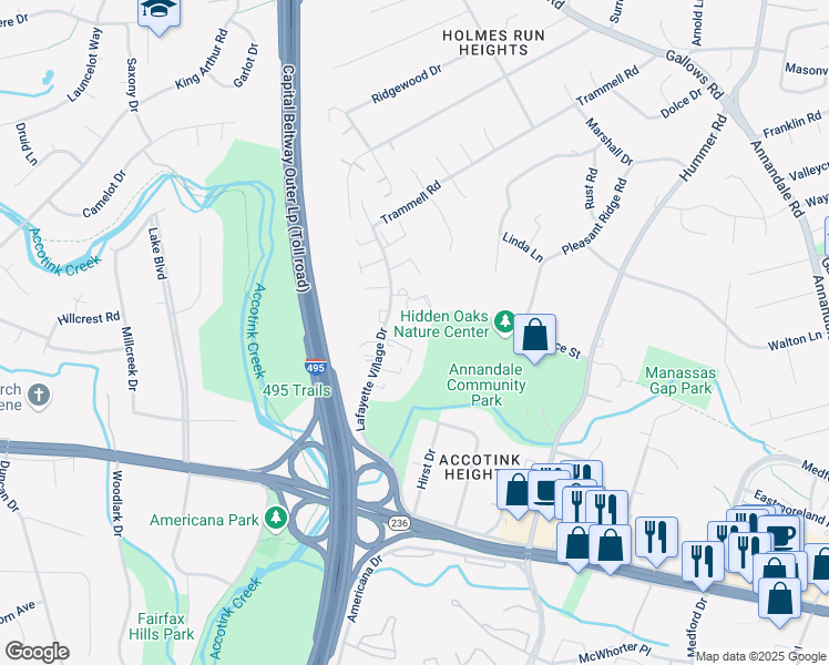 map of restaurants, bars, coffee shops, grocery stores, and more near 7811 Butterfield Lane in Annandale