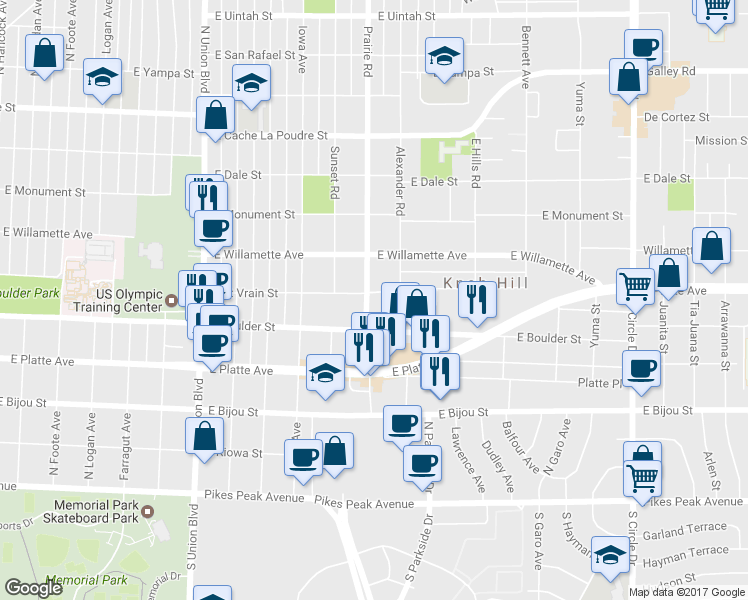 map of restaurants, bars, coffee shops, grocery stores, and more near 417 Prairie Road in Colorado Springs
