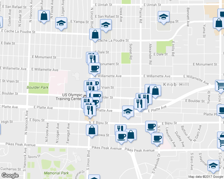 map of restaurants, bars, coffee shops, grocery stores, and more near 427 Swope Avenue in Colorado Springs