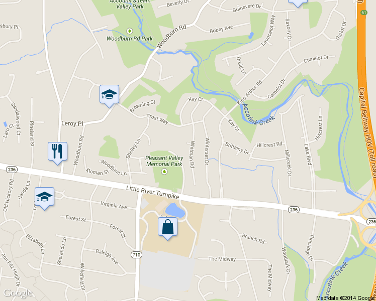 map of restaurants, bars, coffee shops, grocery stores, and more near 3832 Whitman Rd in Annandale