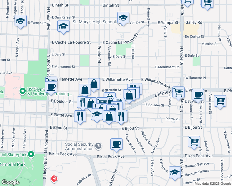 map of restaurants, bars, coffee shops, grocery stores, and more near 2403 East Saint Vrain Street in Colorado Springs