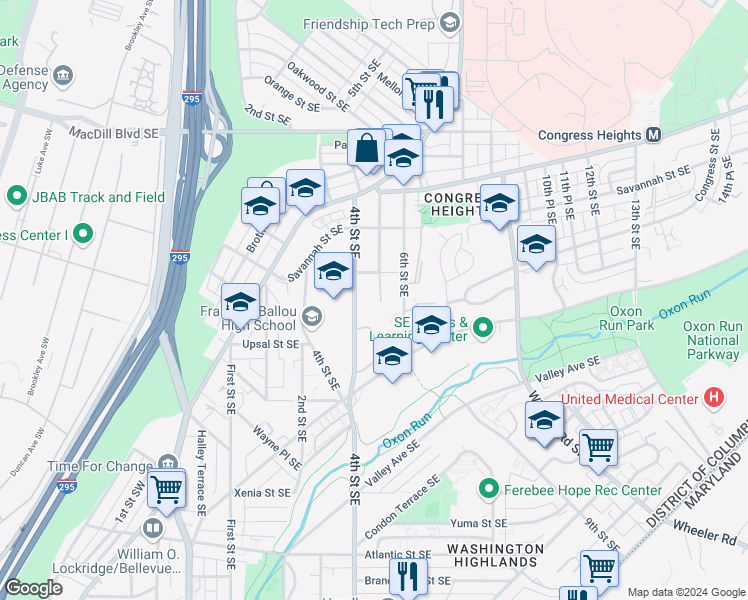 map of restaurants, bars, coffee shops, grocery stores, and more near 3415 5th Street Southeast in Washington