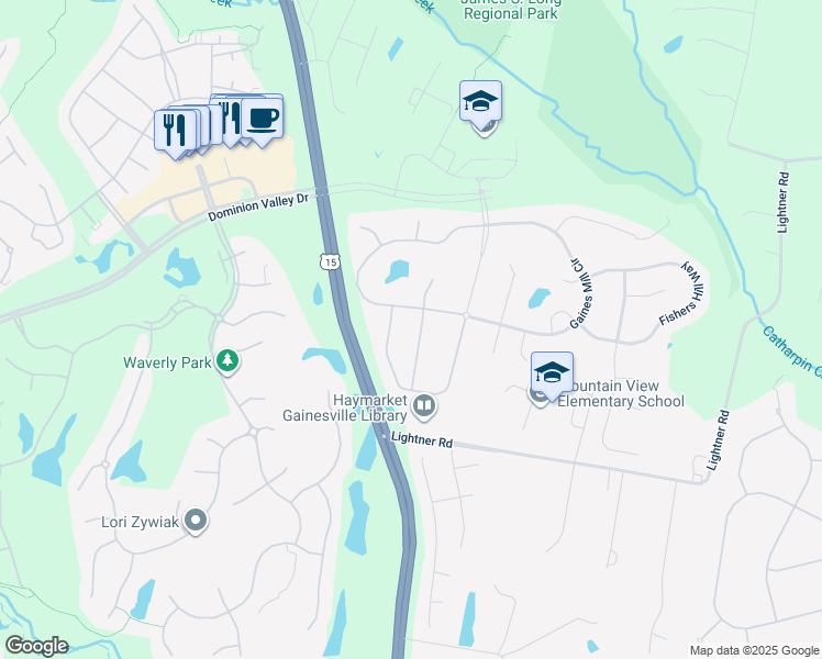 map of restaurants, bars, coffee shops, grocery stores, and more near 5510 Hillsman Farm Lane in Haymarket