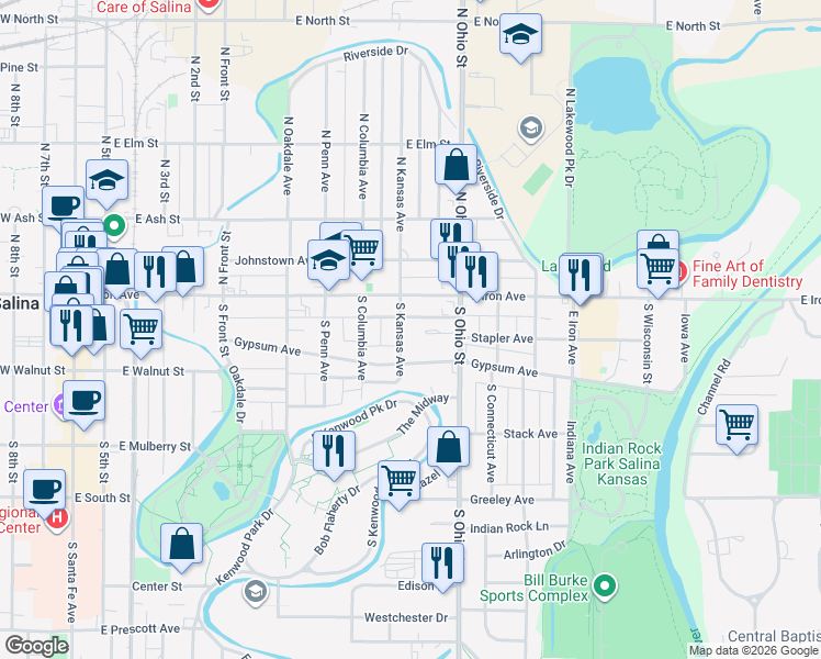 map of restaurants, bars, coffee shops, grocery stores, and more near 125 South Kansas Avenue in Salina