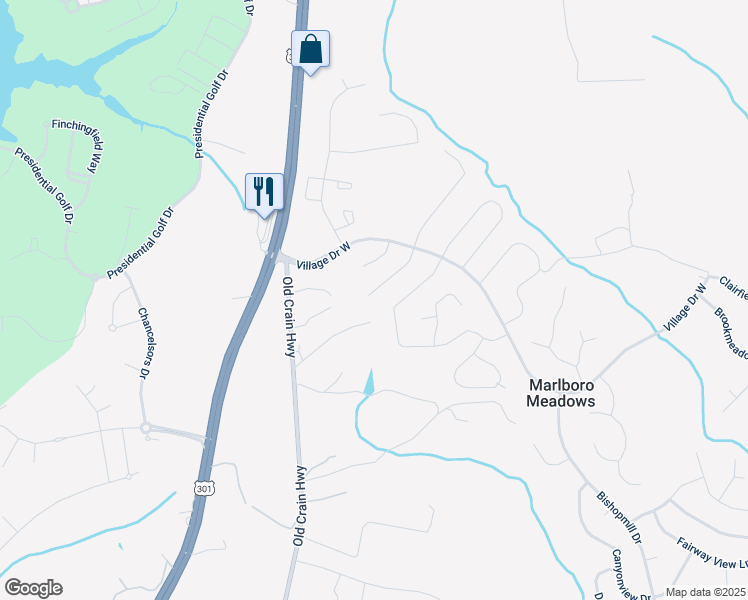 map of restaurants, bars, coffee shops, grocery stores, and more near 3618 Village Drive West in Upper Marlboro