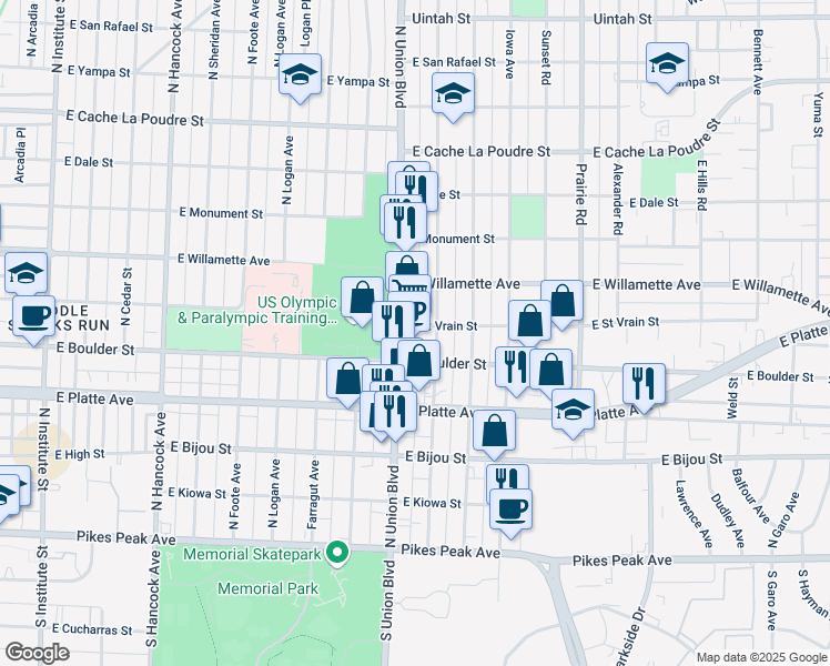 map of restaurants, bars, coffee shops, grocery stores, and more near 443 North Union Boulevard in Colorado Springs