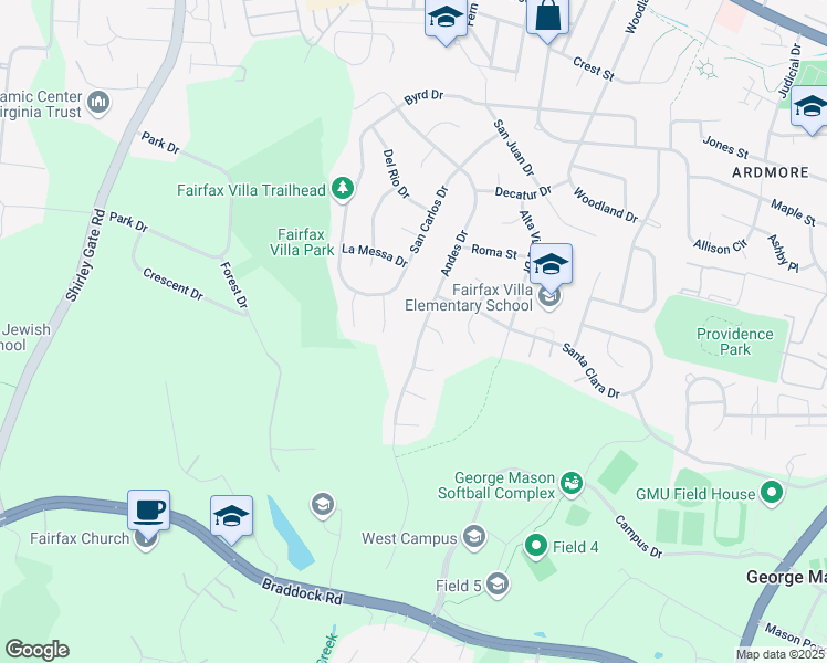 map of restaurants, bars, coffee shops, grocery stores, and more near 4500 Andes Drive in Fairfax