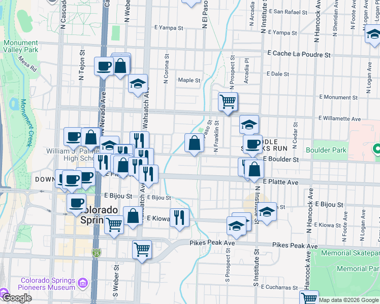 map of restaurants, bars, coffee shops, grocery stores, and more near 630 East Boulder Street in Colorado Springs
