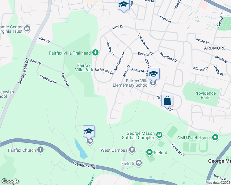 map of restaurants, bars, coffee shops, grocery stores, and more near 4500 Andes Drive in Fairfax