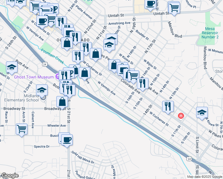 map of restaurants, bars, coffee shops, grocery stores, and more near 1708 West Vermijo Avenue in Colorado Springs