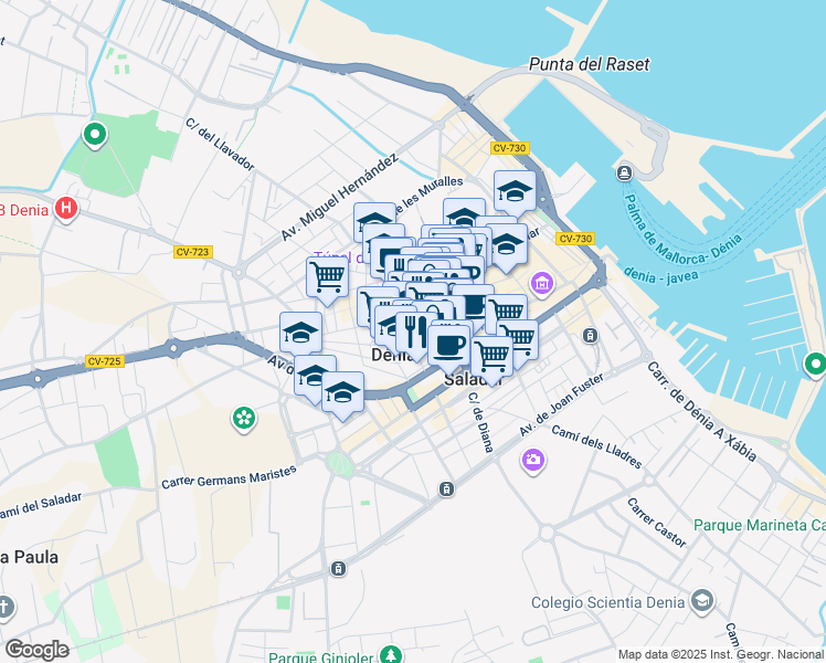 map of restaurants, bars, coffee shops, grocery stores, and more near 20 Carrer Ramón y Cajal in Dénia