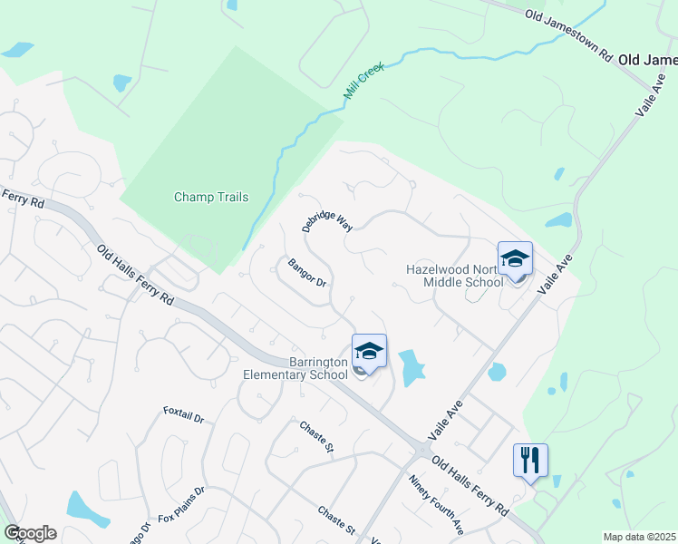 map of restaurants, bars, coffee shops, grocery stores, and more near 15537 Debridge Way in Florissant