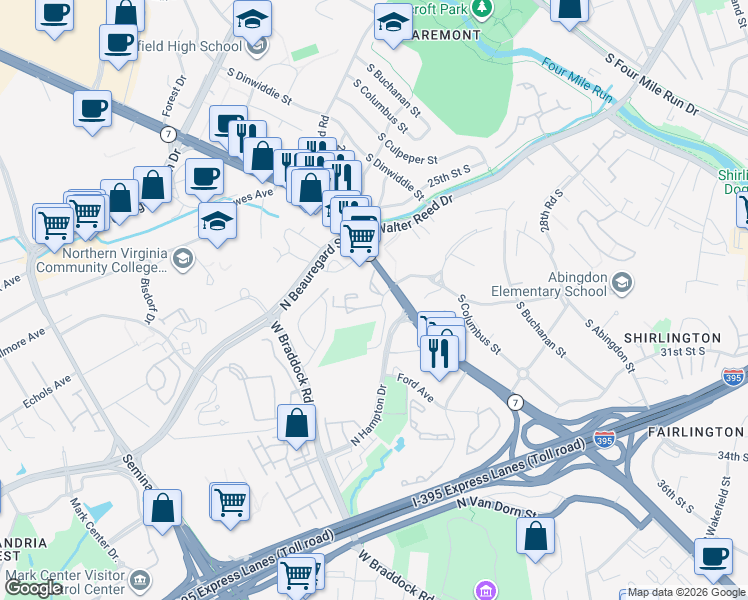 map of restaurants, bars, coffee shops, grocery stores, and more near 3300 South 28th Street in Alexandria