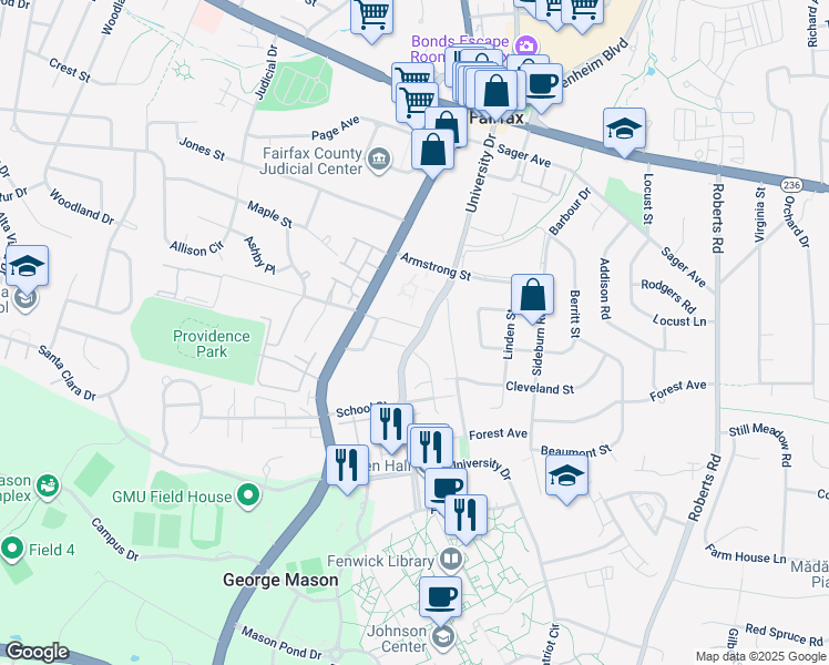 map of restaurants, bars, coffee shops, grocery stores, and more near 10441 Courtney Drive in Fairfax