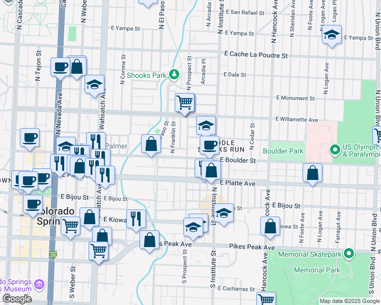 map of restaurants, bars, coffee shops, grocery stores, and more near 818 East Boulder Street in Colorado Springs