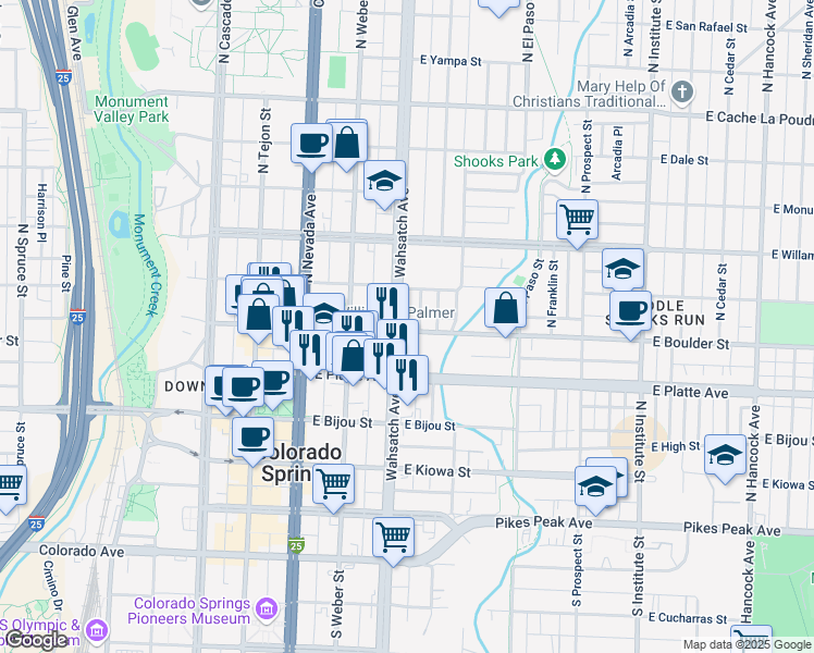 map of restaurants, bars, coffee shops, grocery stores, and more near 416 East Boulder Street in Colorado Springs
