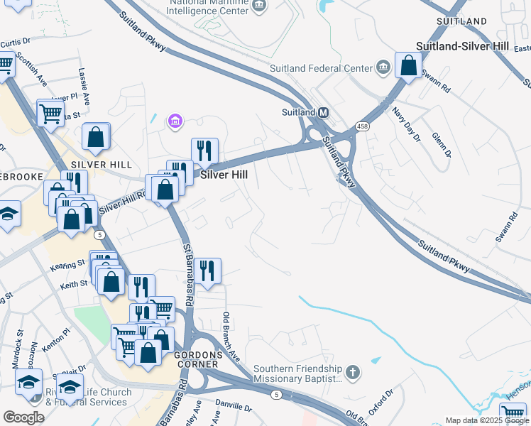 map of restaurants, bars, coffee shops, grocery stores, and more near 3506 Silver Park Drive in Silver Hill