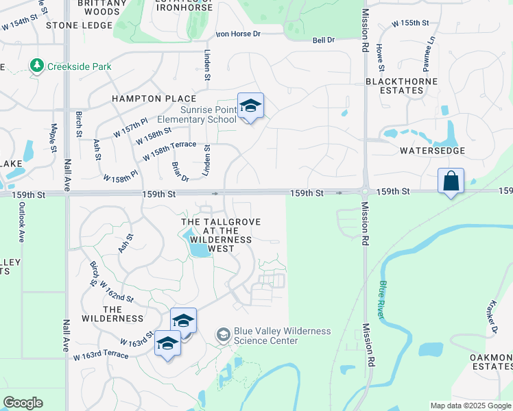 map of restaurants, bars, coffee shops, grocery stores, and more near 4502 West 159th Terrace in Overland Park