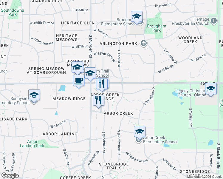 map of restaurants, bars, coffee shops, grocery stores, and more near 16380 West 159th Terrace in Olathe