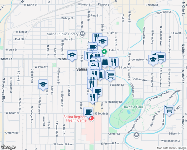 map of restaurants, bars, coffee shops, grocery stores, and more near 122 South Santa Fe Avenue in Salina