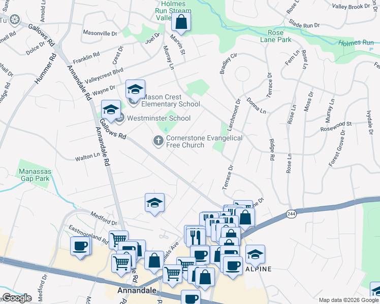 map of restaurants, bars, coffee shops, grocery stores, and more near 3826 Pickett Court in Annandale