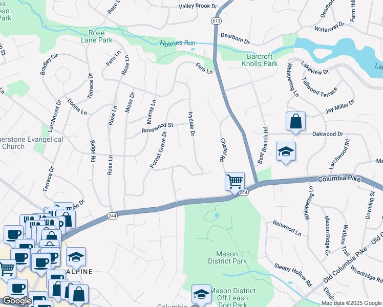 map of restaurants, bars, coffee shops, grocery stores, and more near 3814 Ivydale Drive in Annandale