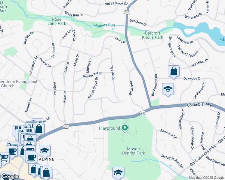 map of restaurants, bars, coffee shops, grocery stores, and more near 3814 Ivydale Drive in Annandale