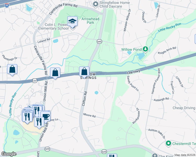 map of restaurants, bars, coffee shops, grocery stores, and more near 13213 Lee Highway in Fairfax