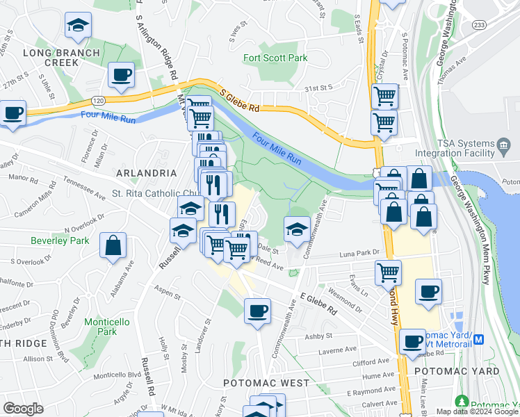 map of restaurants, bars, coffee shops, grocery stores, and more near 3763 Mark Drive in Alexandria