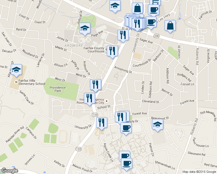 map of restaurants, bars, coffee shops, grocery stores, and more near 10471 Courtney Drive in Fairfax