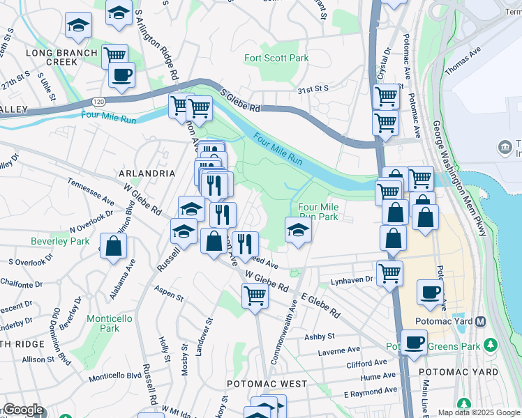map of restaurants, bars, coffee shops, grocery stores, and more near 3763 Mark Drive in Alexandria