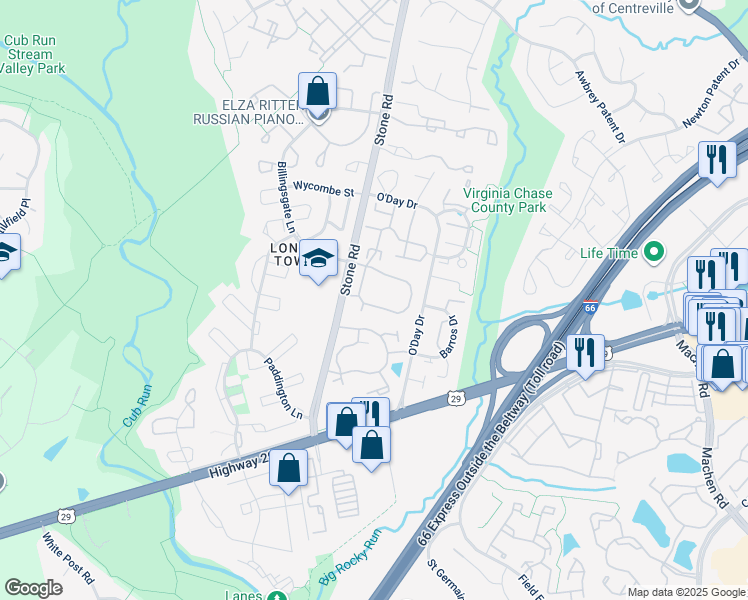 map of restaurants, bars, coffee shops, grocery stores, and more near 6184 Stonepath Circle in Centreville