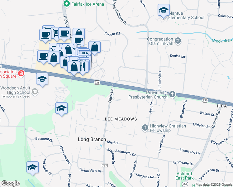 map of restaurants, bars, coffee shops, grocery stores, and more near 4001 Barker Court in Fairfax